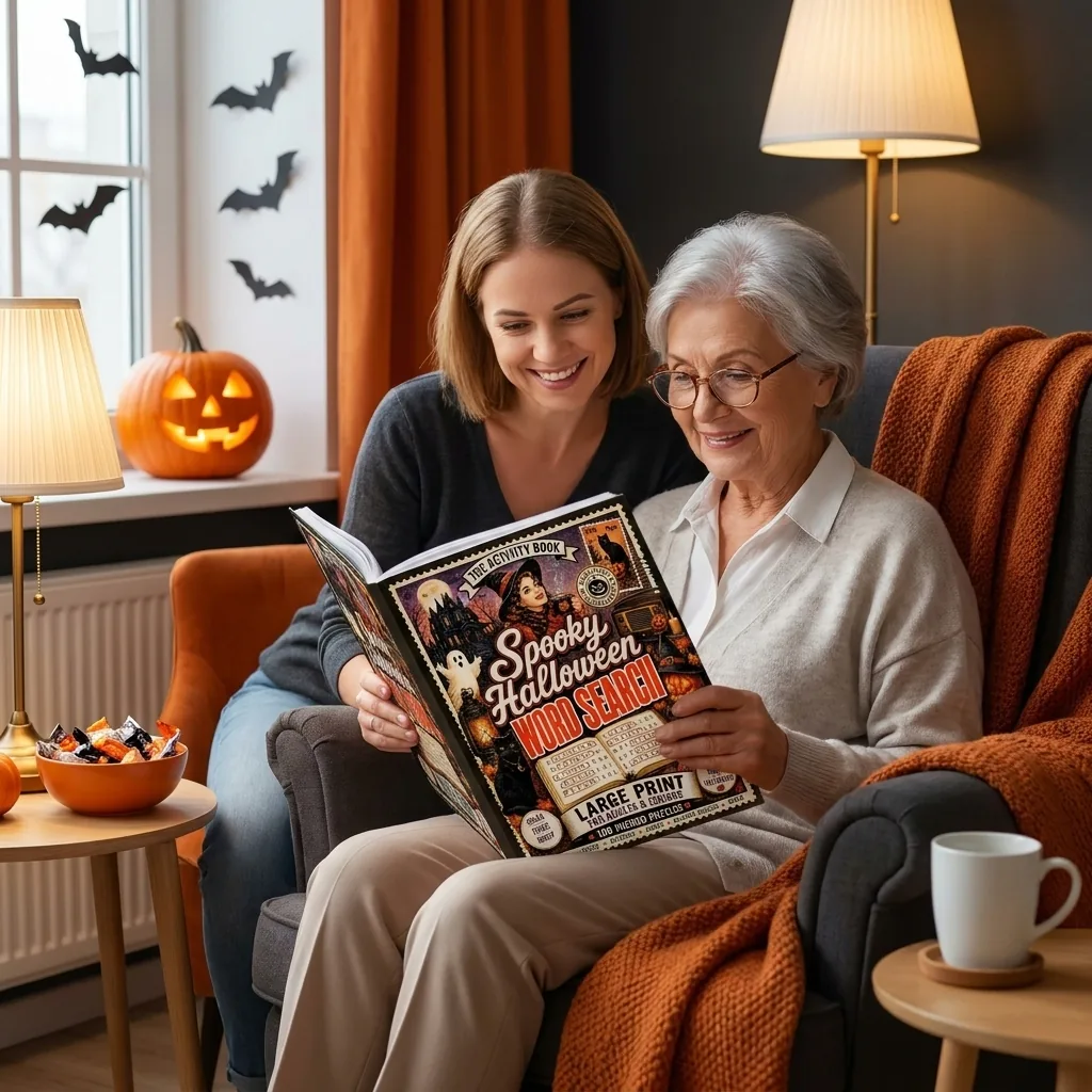 Spooky Halloween Word Search Vol. 1 — An older woman and her adult daughter looking at the book together in a warm living room