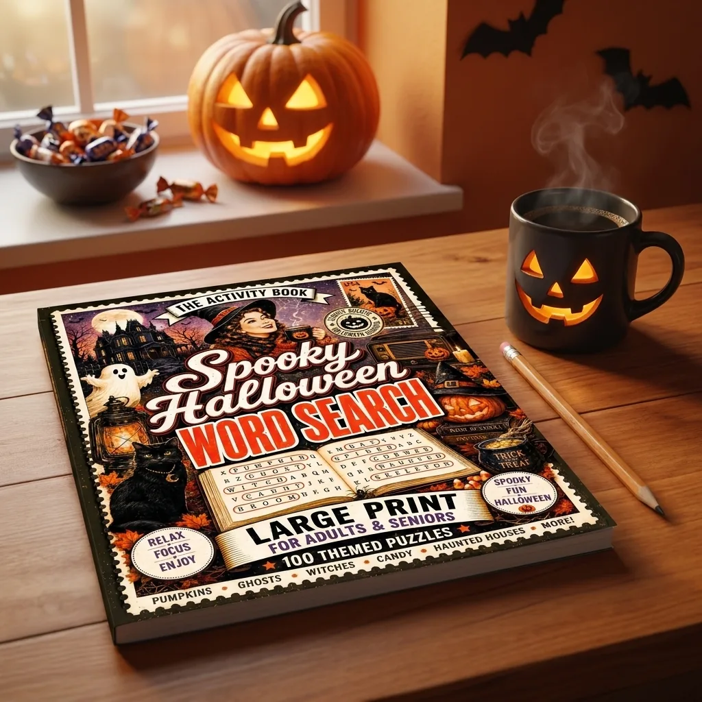 Spooky Halloween Word Search Vol. 1 — The closed book on a wooden table beside a steaming mug and a pencil