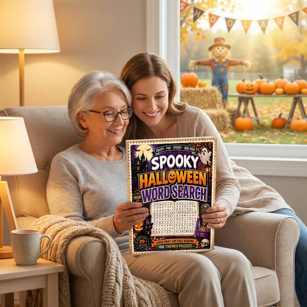 Spooky Halloween Word Search Vol. 2 — An older woman and her adult daughter looking at the book together in a warm living room