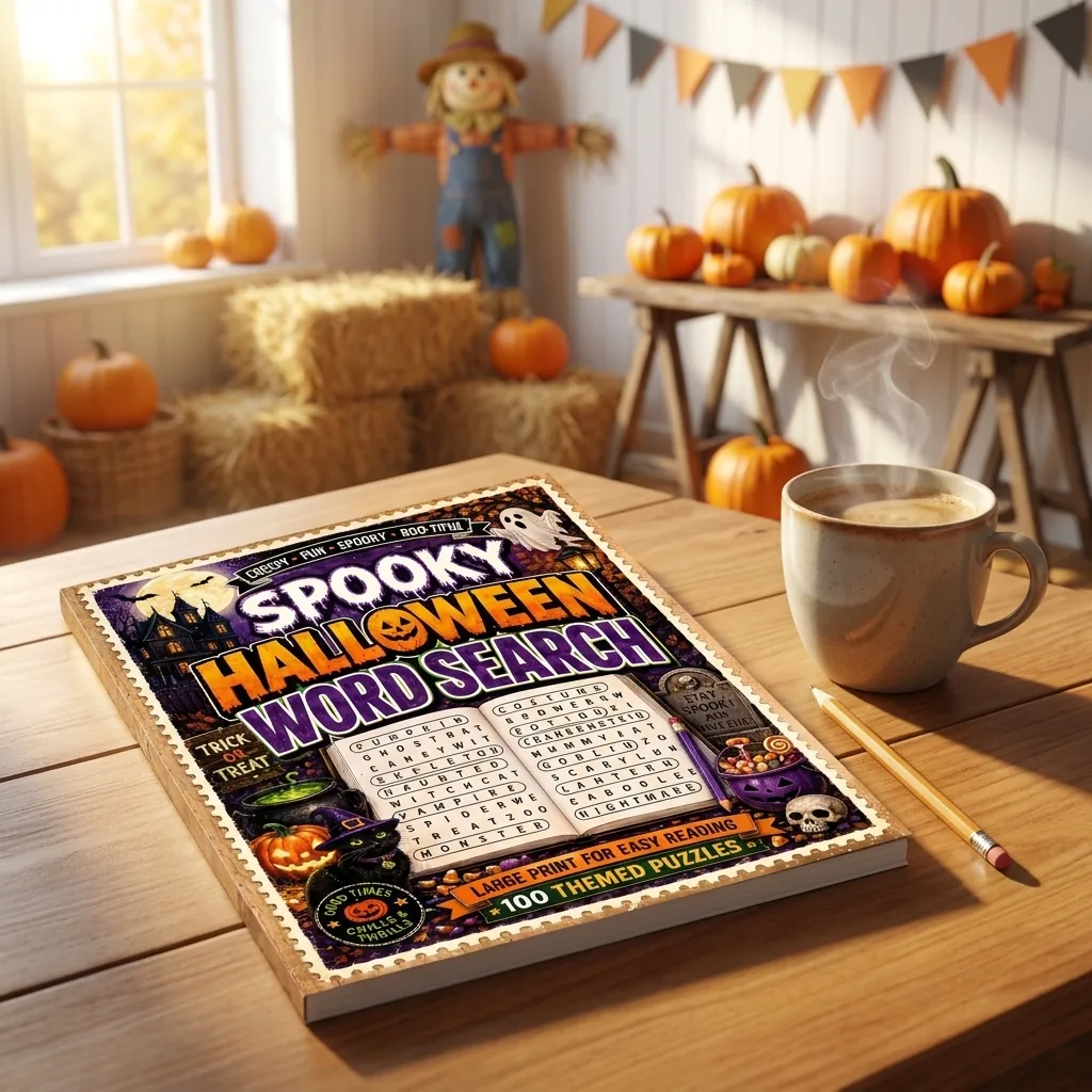 Spooky Halloween Word Search Vol. 2 — The closed book on a wooden table beside a steaming mug and a pencil