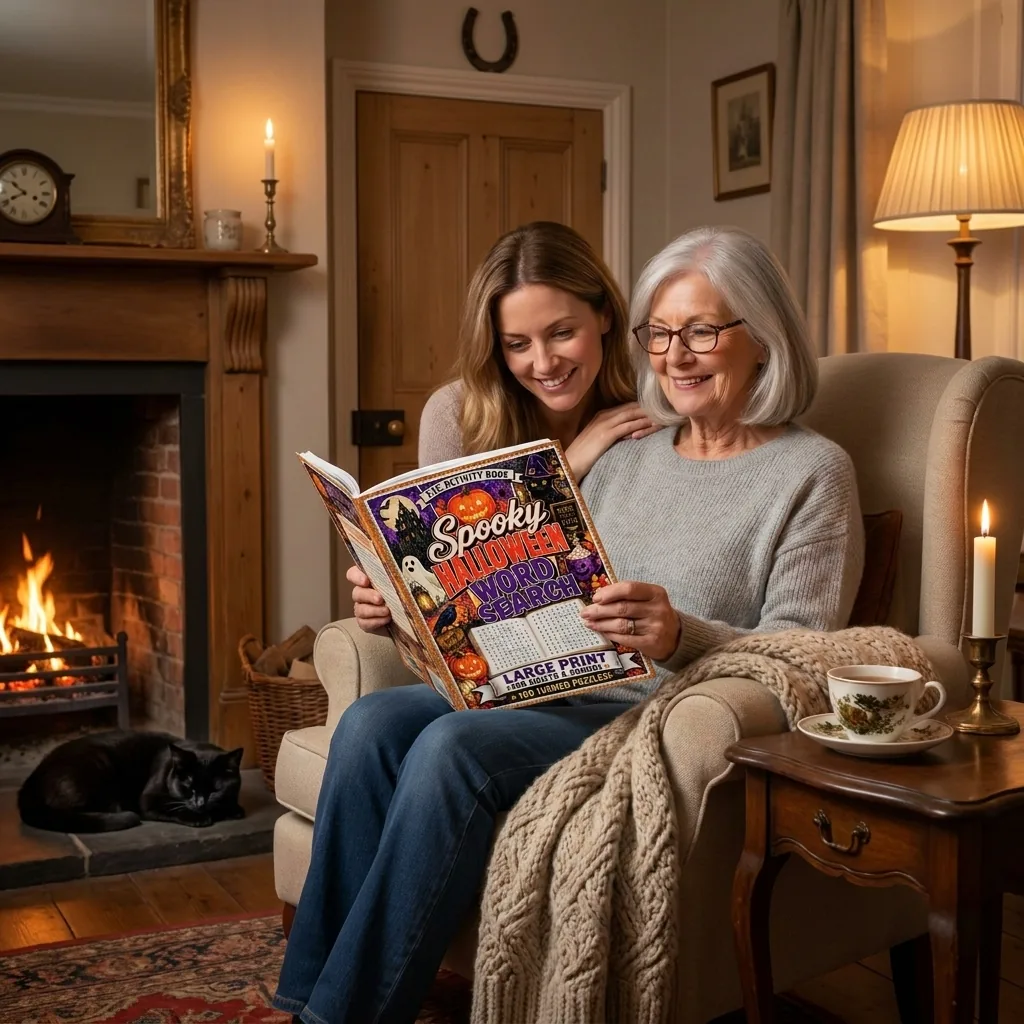 Spooky Halloween Word Search Vol. 3 — An older woman and her adult daughter looking at the book together in a warm living room