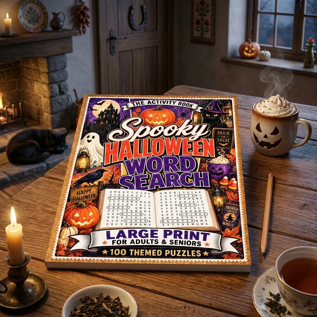 Spooky Halloween Word Search Vol. 3 — The closed book on a wooden table beside a steaming mug and a pencil