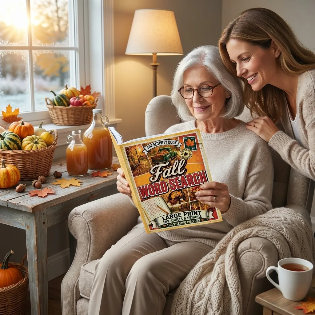 Fall Word Search — An older woman and her adult daughter looking at the book together in a warm living room