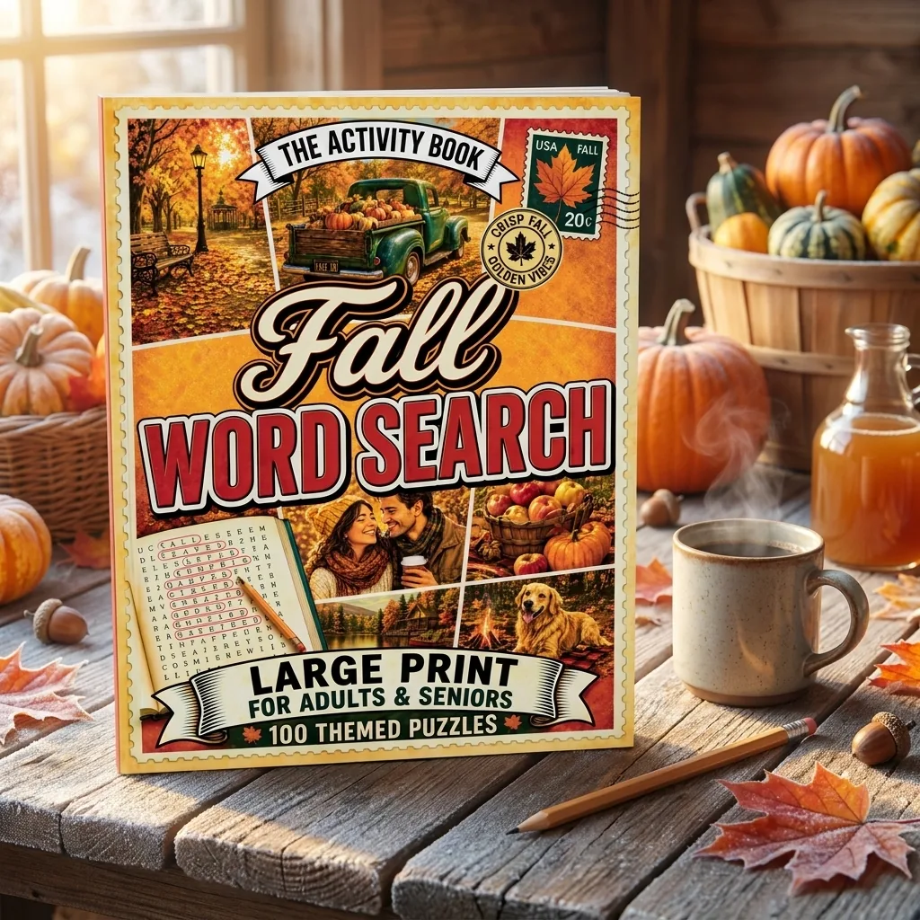 Fall Word Search — The closed book on a wooden table beside a steaming mug and a pencil