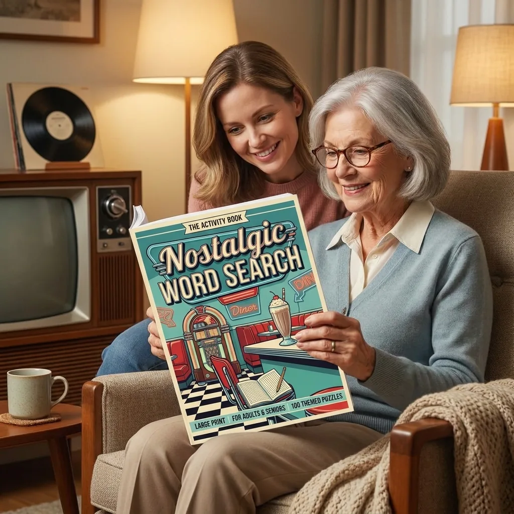 Nostalgic Word Search Vol. 2 — An older woman and her adult daughter looking at the book together in a warm living room