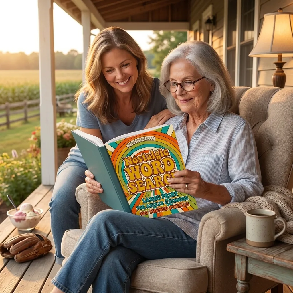 Nostalgic Word Search Vol. 3 — An older woman and her adult daughter looking at the book together in a warm living room