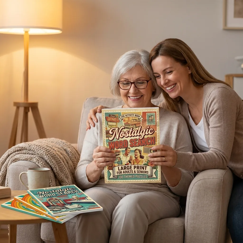Nostalgic Word Search Bundle — Vol. 1-3 — An older woman and her adult daughter looking at the book together in a warm living room
