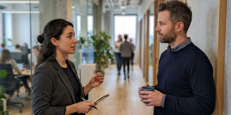Two coworkers having a focused conversation in an office hallway