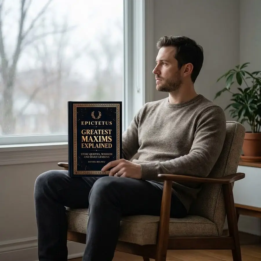 A man in his thirties in an armchair by a window, pausing to think, Epictetus Greatest Maxims Explained closed on his knee with the front cover facing the camera