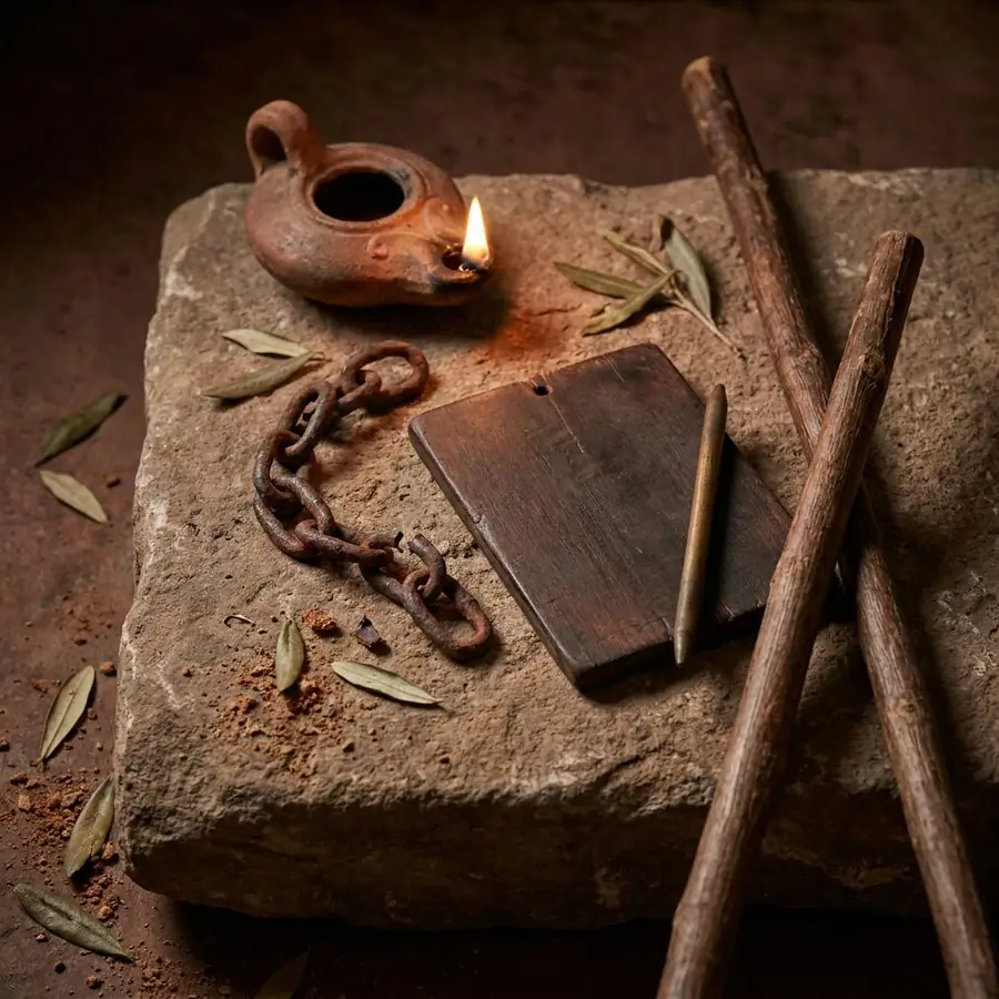 A still life on rough stone: a clay oil lamp burning low, a wax tablet with a bronze stylus, a length of broken iron chain, a wooden staff and dried olive leaves