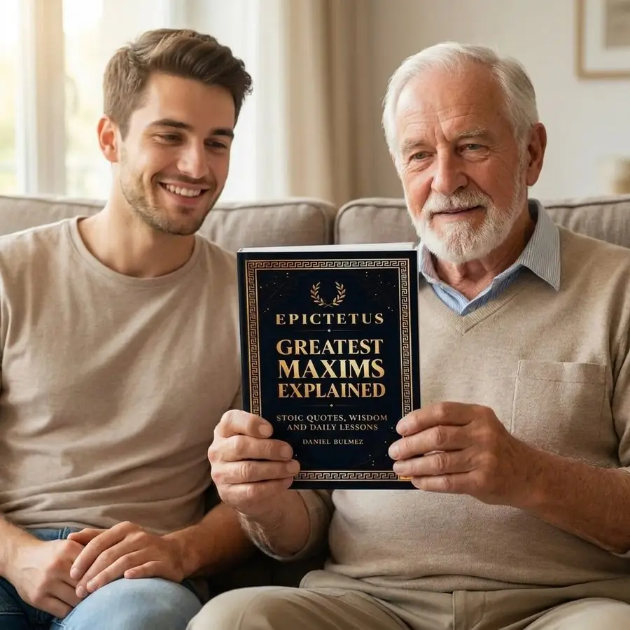 A young man and his grandfather on a sofa, the grandfather holding up the book to show its front cover