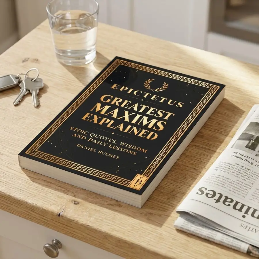 Epictetus Greatest Maxims Explained, closed, on a kitchen counter beside a glass of water, keys and a newspaper