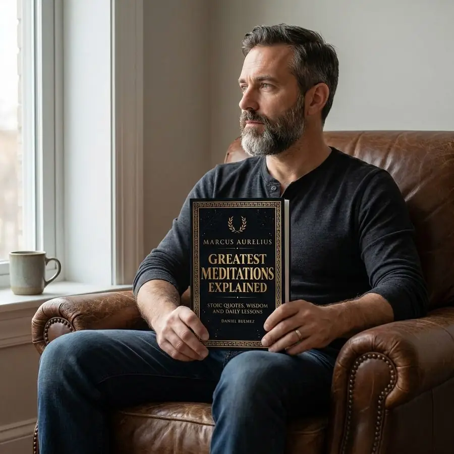 A man in his forties reading Marcus Aurelius Greatest Meditations Explained in a leather armchair by a window at dawn, the cover turned toward the camera