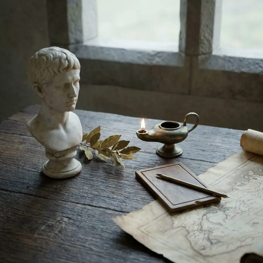 A still life on dark wood in early-morning light: a marble bust in the Roman style, a sprig of laurel, an oil lamp, a wax writing tablet and an old map