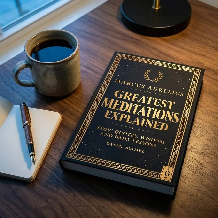 Marcus Aurelius Greatest Meditations Explained, closed, on a table beside a cup of coffee