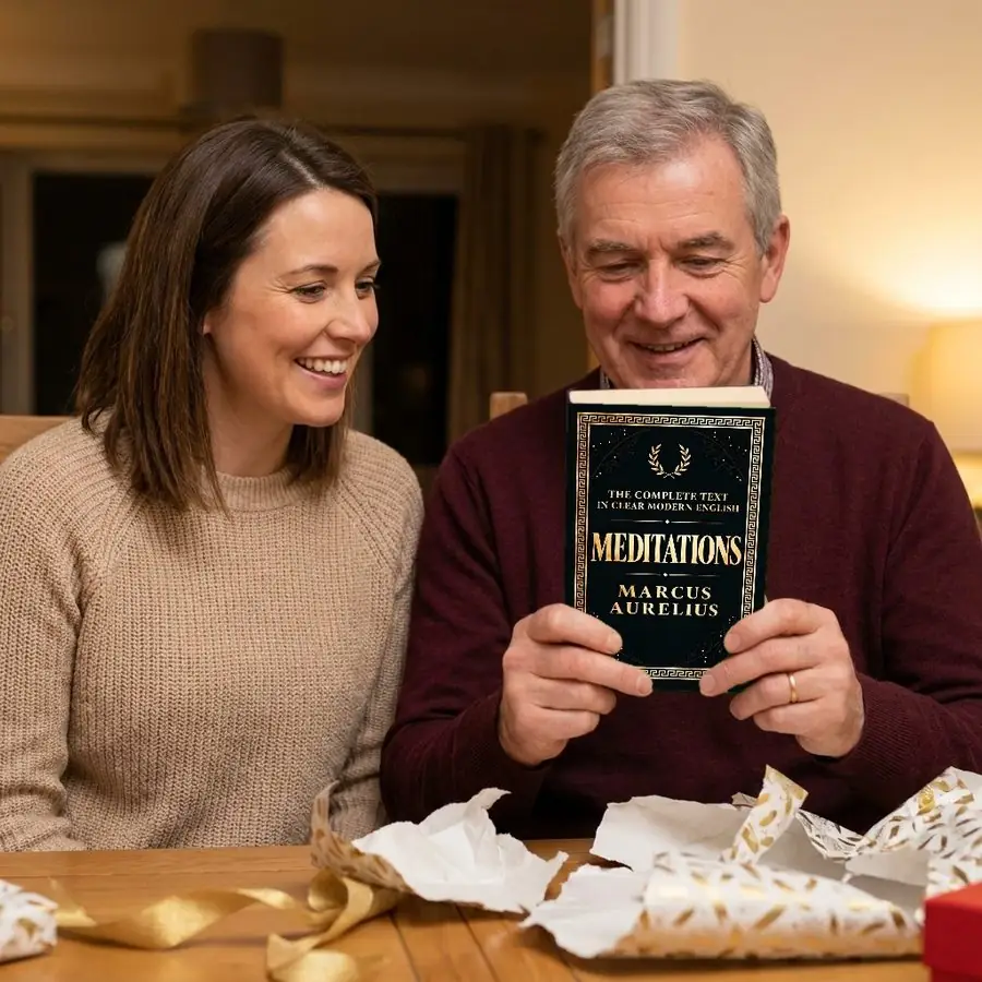 A smiling man holds up Meditations by Marcus Aurelius, a gift he has just unwrapped at the dinner table, with his daughter beside him