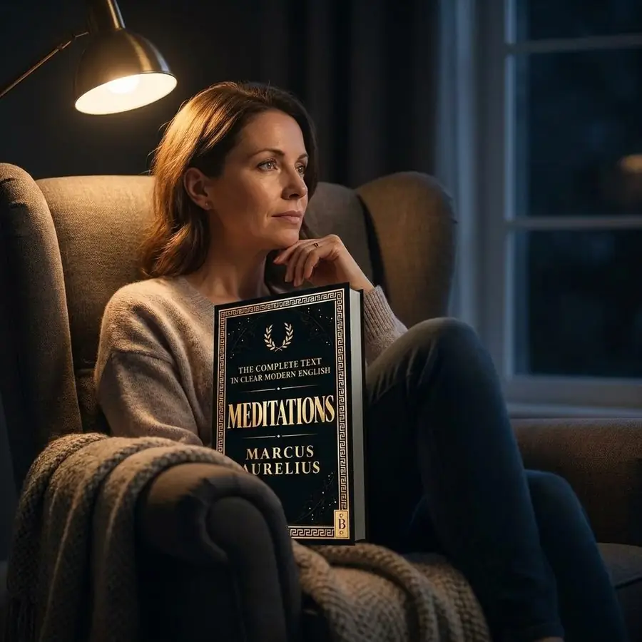 A woman in her forties in an armchair at night, pausing to think, Meditations by Marcus Aurelius closed and resting upright on her knee, its cover toward the camera