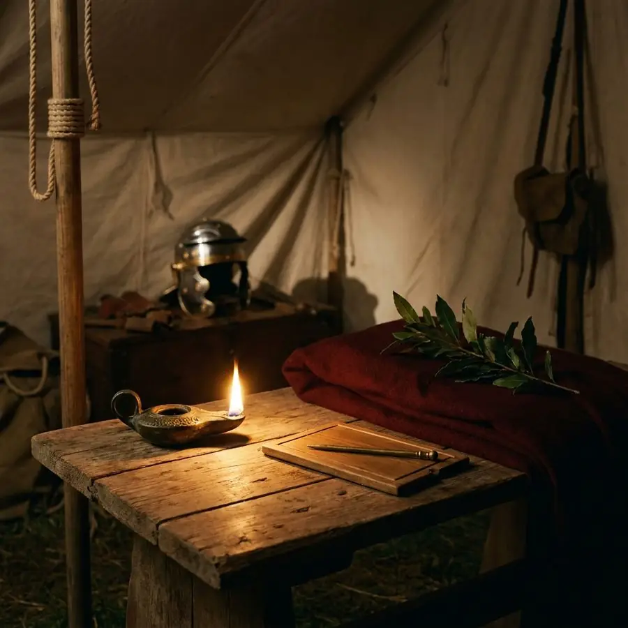 A still life inside a Roman campaign tent at night: a bronze oil lamp, a wax tablet and stylus, a folded red military cloak, a sprig of laurel and a legionary helmet on a wooden camp table
