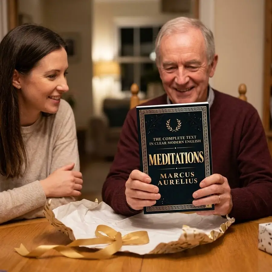 A woman and her father at a table with torn wrapping paper, the father holding up the book to show its front cover