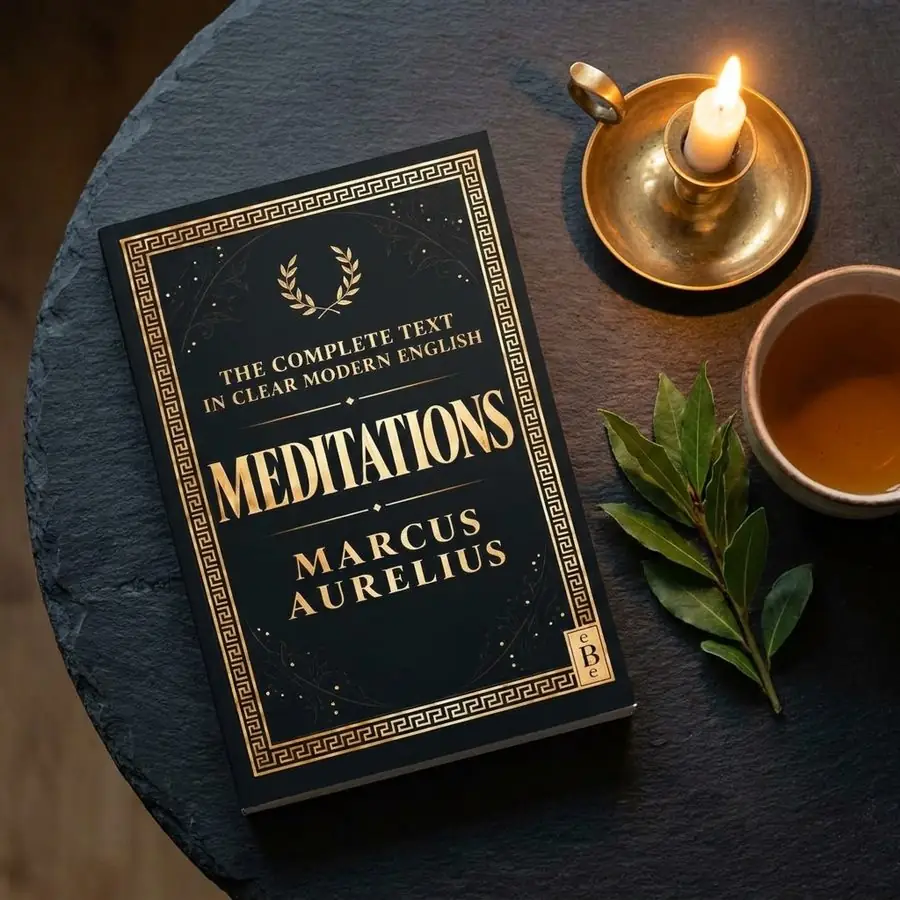Meditations: The Complete Text in Clear Modern English, closed, on a slate table beside a lit candle, a cup of tea and a sprig of laurel