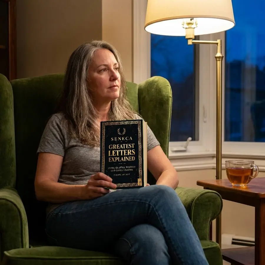 A woman in her fifties sits in an armchair beside a lamp in the evening, holding Seneca Greatest Letters Explained on her lap
