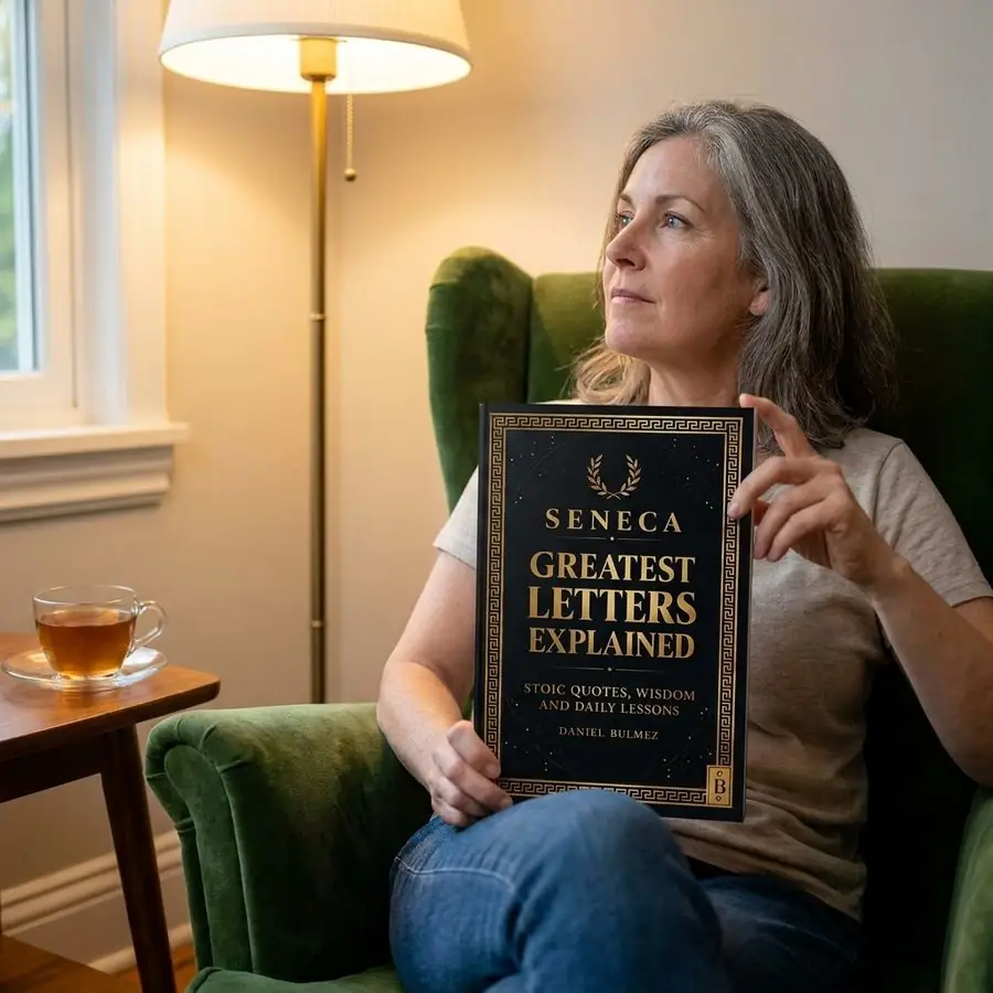 A woman in her fifties reading Seneca Greatest Letters Explained in an armchair beside a lamp in the evening, the front cover turned toward the camera