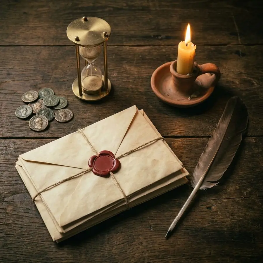A still life on a dark wooden table: folded letters closed with red wax seals, a quill pen, a small brass hourglass, a few old Roman coins and a lit candle