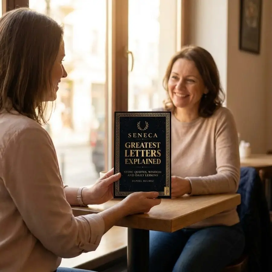 Two people at a table, one holding up Seneca Greatest Letters Explained to show the front cover
